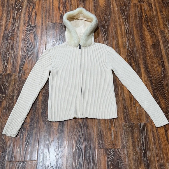 Chaps Cotton‎ Knit Sweater Jacket Women's L Beige Faux Fur Trim Hooded Zip Up - Picture 1 of 7